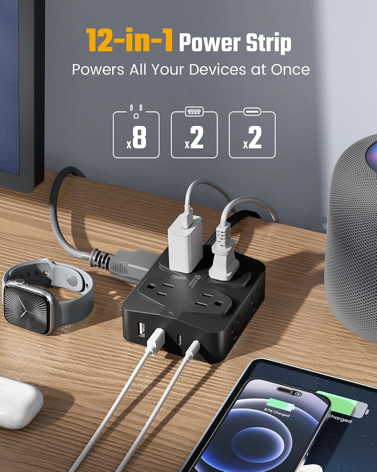 35W Fast Charging Power Strip, SUPERDANNY 6ft Flat Plug Extension Cord (13A/1625W) with 8 Wide Outlets & 4 USB Ports, Wall Mountable, 1050J Surge Protector Charging Station for Home Office Dorm Black 6.0FT — view 2