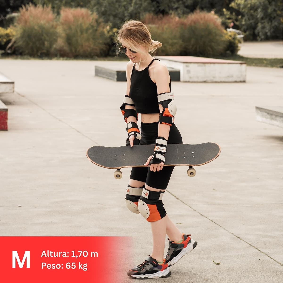 SKATEWIZ Protecciones Patines Adulto, Rodilleras Skate - Protecciones Patines de Hielo - Kit Protección Skate - Rodilleras y Coderas Adulto - Shield Talla L Naranja — view 5