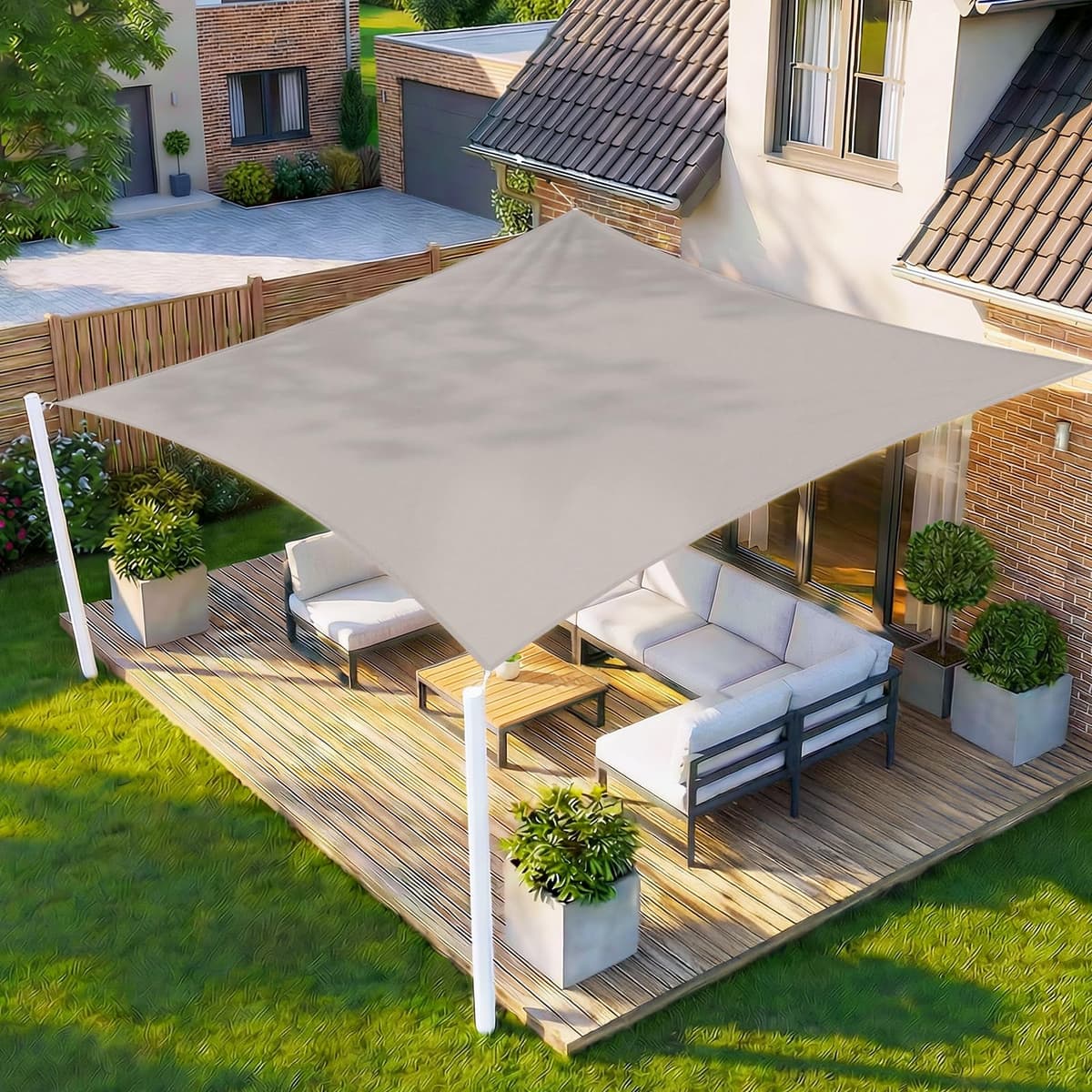 HENG FENG Toldo Vela de Sombra Rectangular 4x5m, PES 160 g/m² Impermeable, 95% Bloqueo UV, para Exterior en Terraza, Jardín, Patio - Incluye Cuerda de Fijación - Beige — view 23