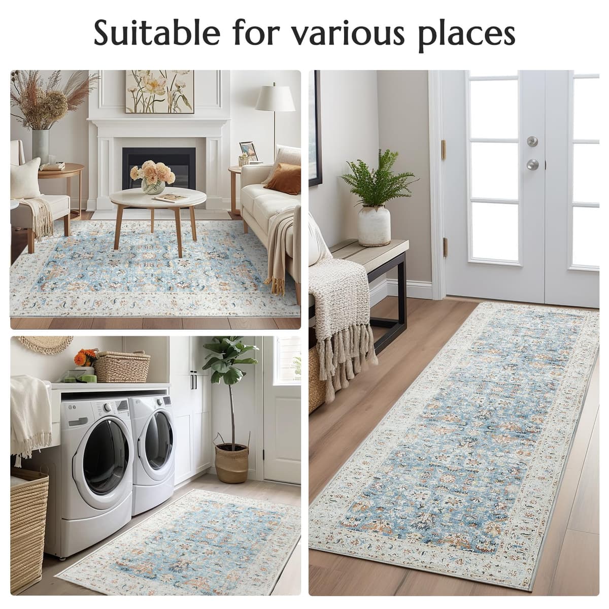 JINCHAN Area Rug 2x5 Runner Rug Door Mat Vintage Distressed Rug Doormat Entrance Mat Foldable Thin Rug Blue Floral Print Carpet Non Slip Boho Farmhouse Kitchen Living Room Bedroom Dining Room — view 2
