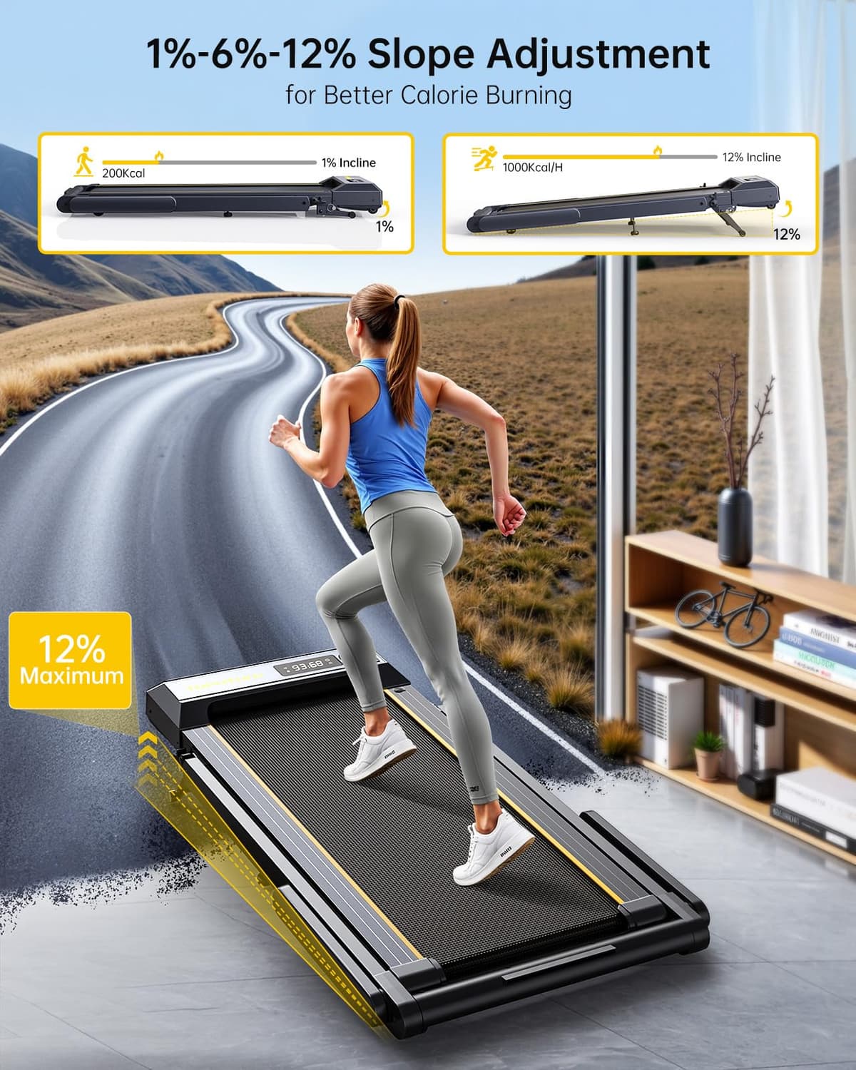 Walking Pad Treadmill with 12% Incline and Handle Bar, 4 in 1 Folding Treadmill for Home/Office, Under Desk Treadmills Portable Walking Pad with App & Bluetooth Speaker, 0.6-10MPH — view 2