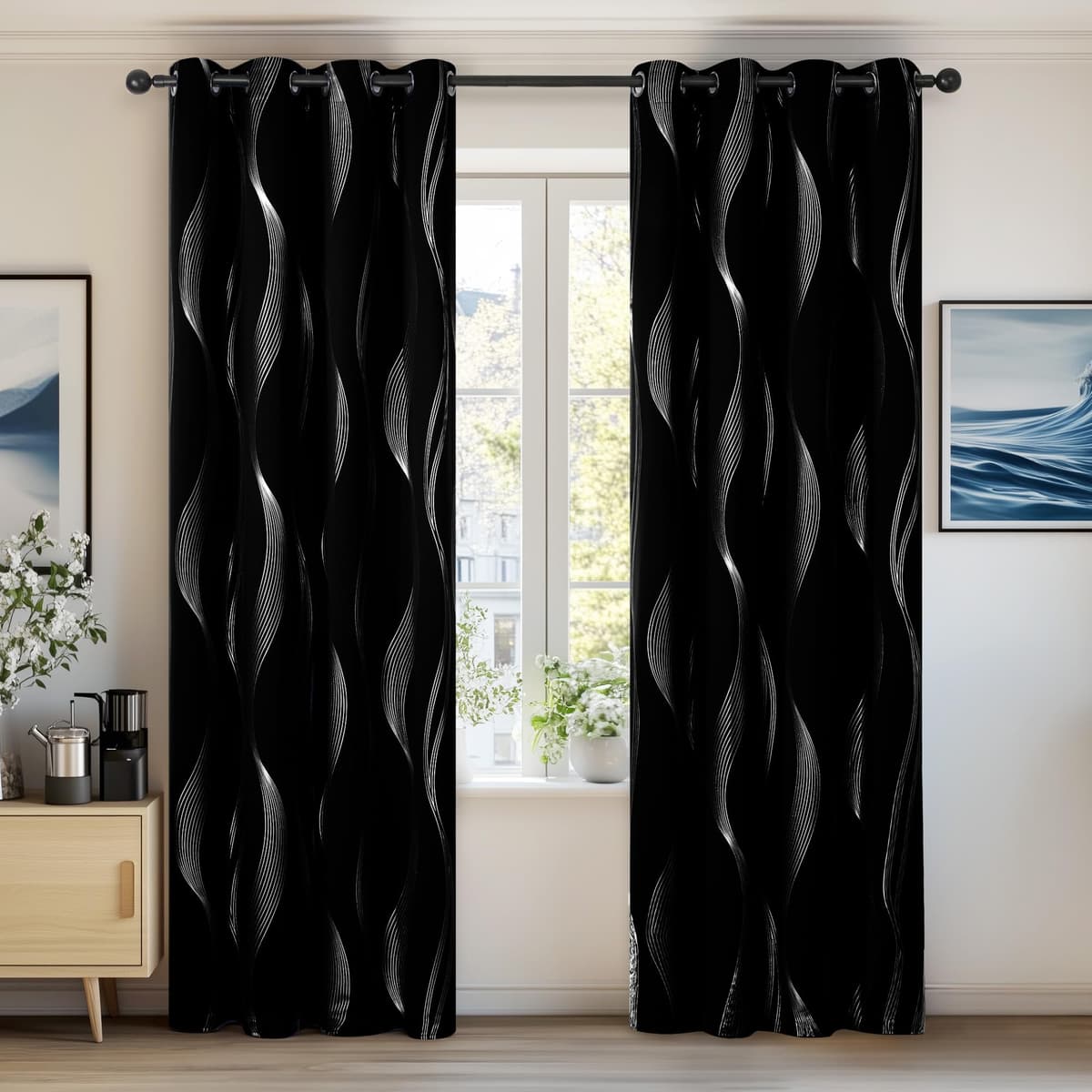 Deconovo Grey Blackout Curtains for Living Room 72 Drop Silver Wave Line Foil Printed Blackout Curtains Thermal Insulated Curtains Eyelet Curtains for Baby Nursery 46 x 72 Inch Light Grey Two Panels — view 9