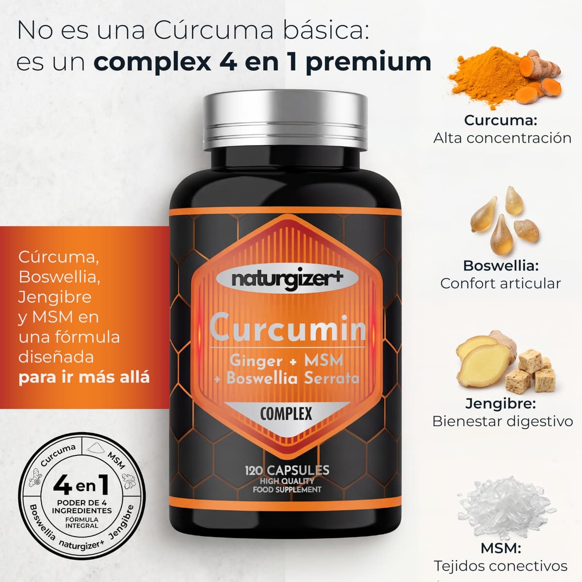 Cúrcuma LIPOSOMAL Complex con Jengibre, Boswellia, MSM | Alta Absorción | Apoyo Premium para Articulaciones, Músculos y Digestión | Curcumina en Cápsulas Vegetales |120 Cápsulas (60 Días) Naturgizer+ — view 3