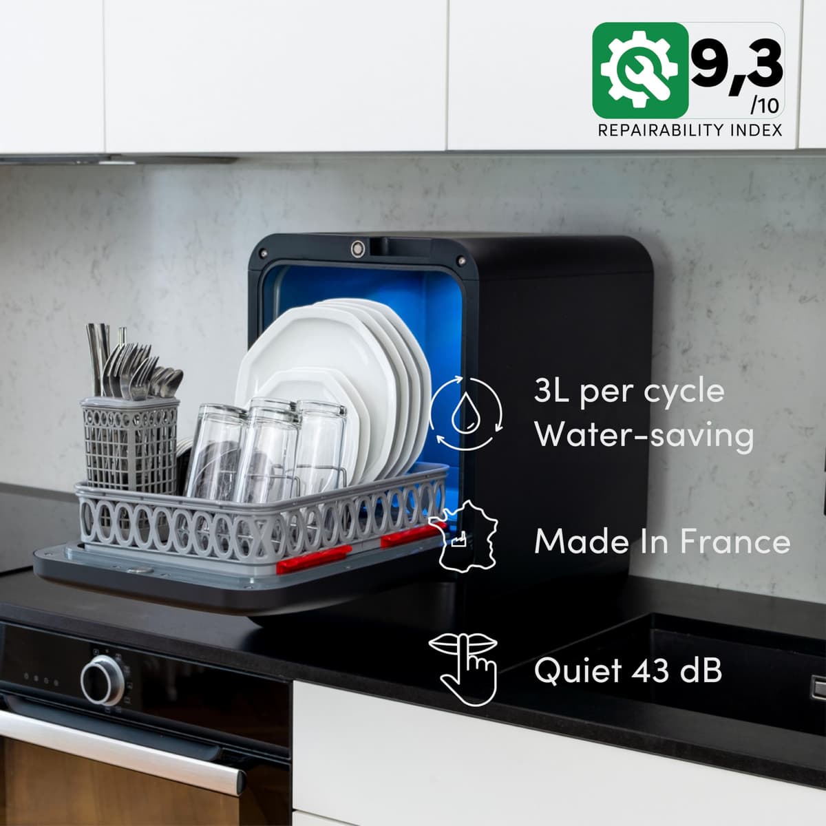 Bob - Compact Dishwasher -daily dishes of 3 people - Built-in Dishwasher - Free-standing, Integrated tank, Portable - White (Chrome green) — view 3