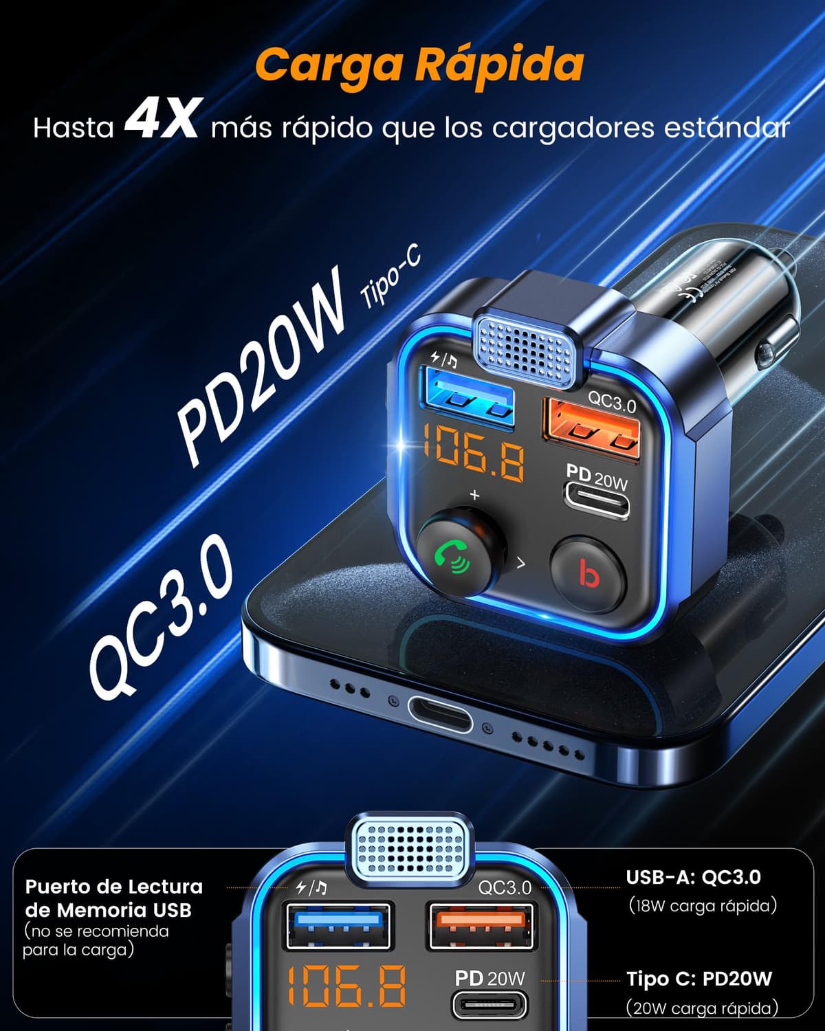 LENCENT Transmisor FM Bluetooth 5.3,Manos Libres Reproductor Música Coche, Deep Bass Sonido Hi-Fi, Adaptador Radio Bluetooth 2 USB+Tipo C 20W Carga Rápida, Soporte Memoria USB — view 5
