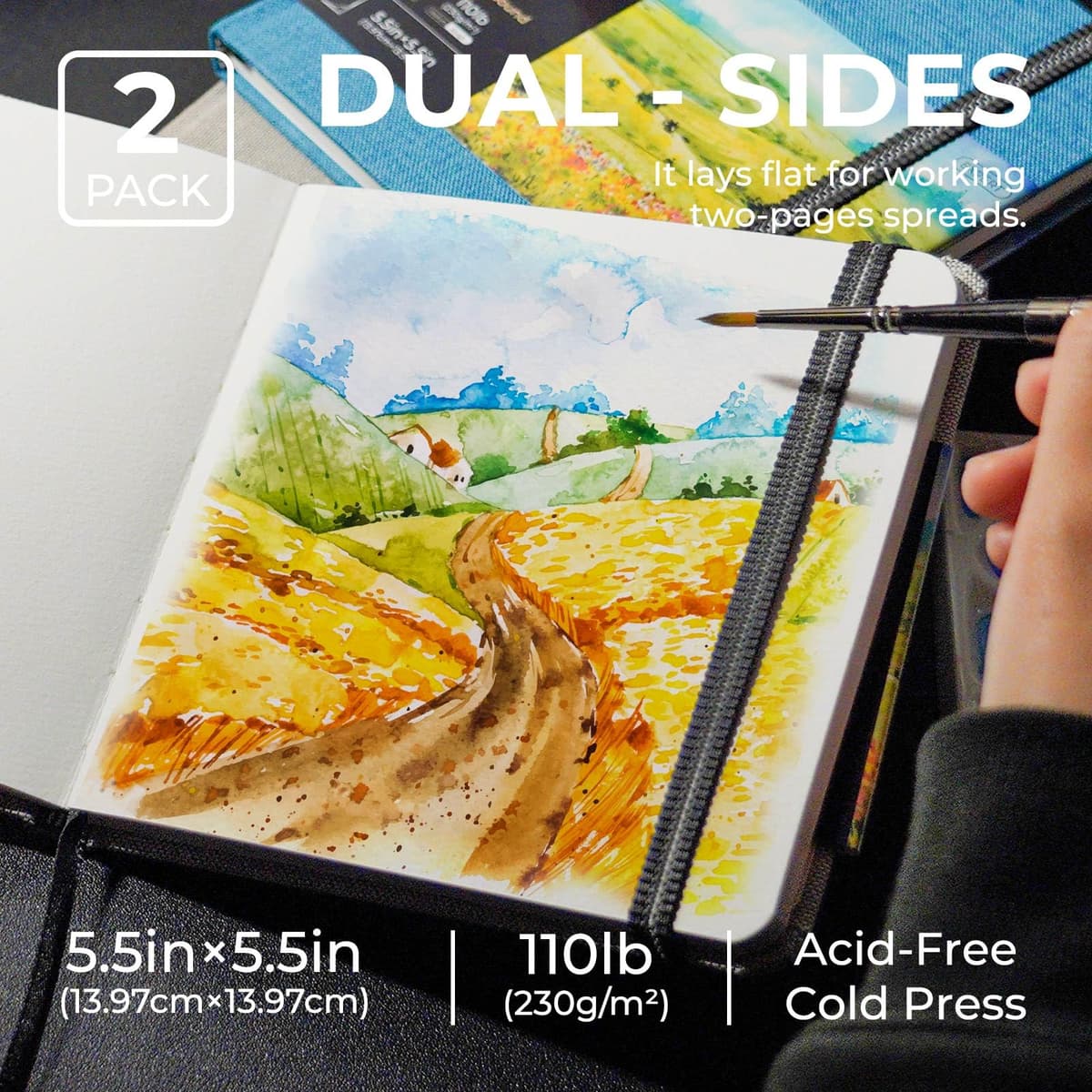 Funto Cuaderno de Acuarela, Cuadrado, Papel de Prensado en Frío a Doble Cara, 5,5" x 5,5", Portátil 2-Pack, 48 Páginas Cada Uno, con Banda Elástica, 110 lb/230gsm — view 2