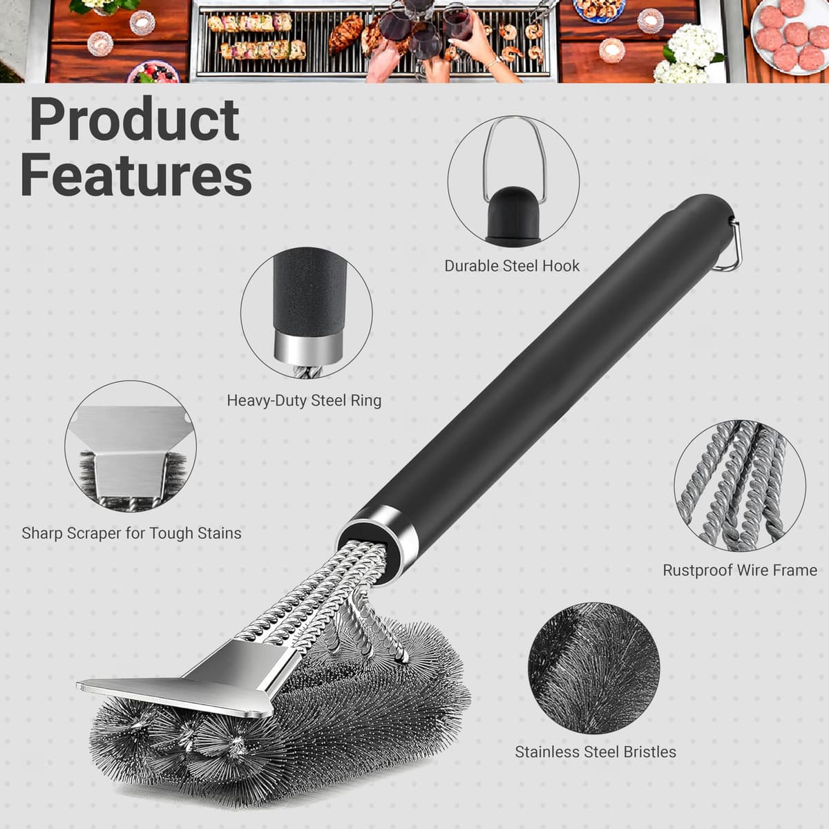 BBQ Grill Cleaning Brush with Stainless Steel Scraper, Heavy Duty Wire Bristles & Long Handle, 2-in-1 Barbecue Cleaner for Gas, Charcoal & Electric Grill, BBQ Cleaning Brush Set with Bonus Brush — view 2