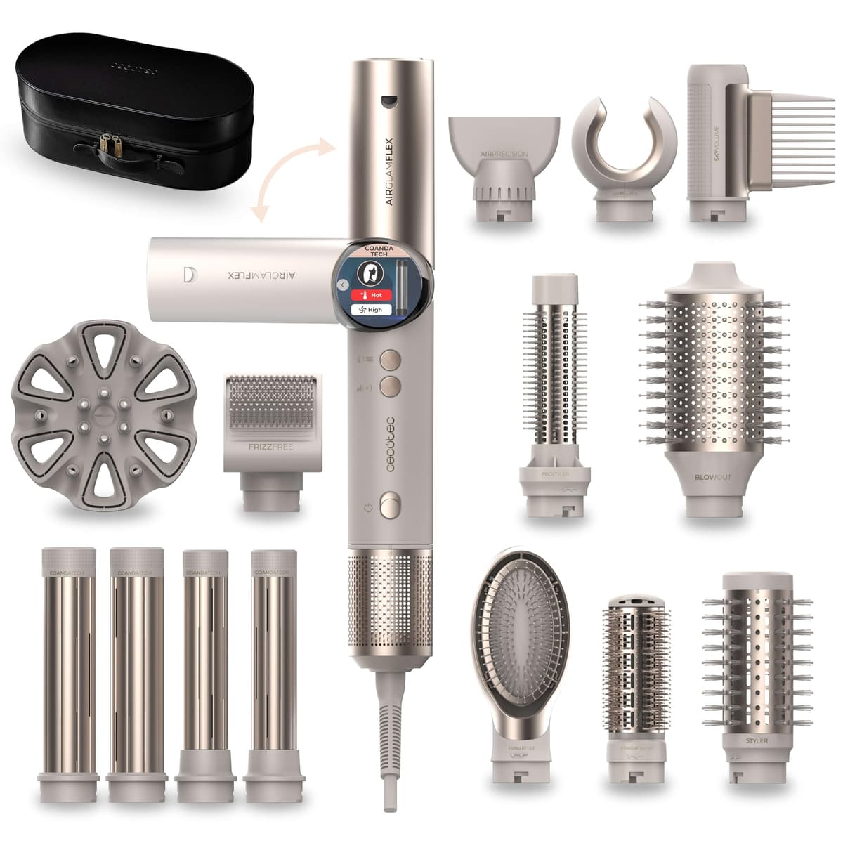 Cecotec Cepillo de Aire Secador Moldeador Alisador Multifunción 8 Cabezales CeramicCare AirGlam Champagne. 1400W, Tecnología Coanda, 3 Velocidades, 3 Temperaturas, Control Inteligente Calor, 110000rpm — view 14