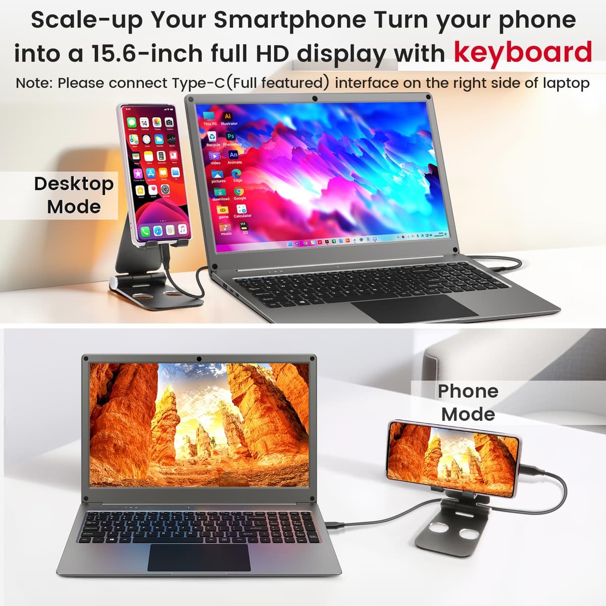 Portable Monitor with Keyboard, 15.6 Inch Lapdock Display with 6000mah Built-in Battery,CrowView Note 1080P FHD USB C Monitors Compatible with RPi5, PC, Phone, Mac, Game Console — view 3