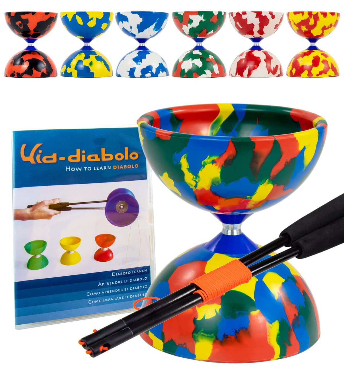 Juggle Dream Jester Diábolo Set para Malabares - Diábolo con Eje Fijo con Palos de Fibra y Vídeo de Aprendizaje en Línea (Multicolor)