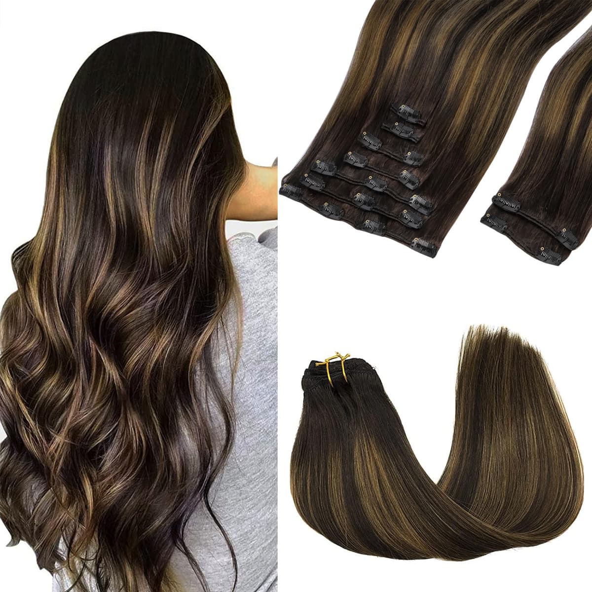GOO GOO Clip in Hair Extensions Human Hair, 18inch 150g 9Pcs, #2 Dark Brown, Hair extensions for women, Human Hair Extensions Clip in — view 283