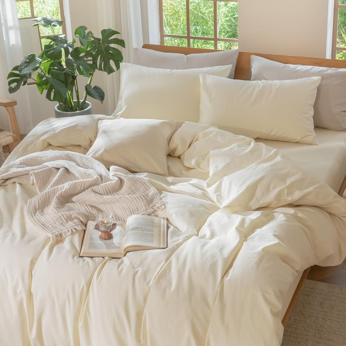 MooMee Bedding Duvet Cover Set 100% Washed Cotton Linen Like Textured Breathable Durable Soft Comfy (Tannish Linen Grey, King) — view 39