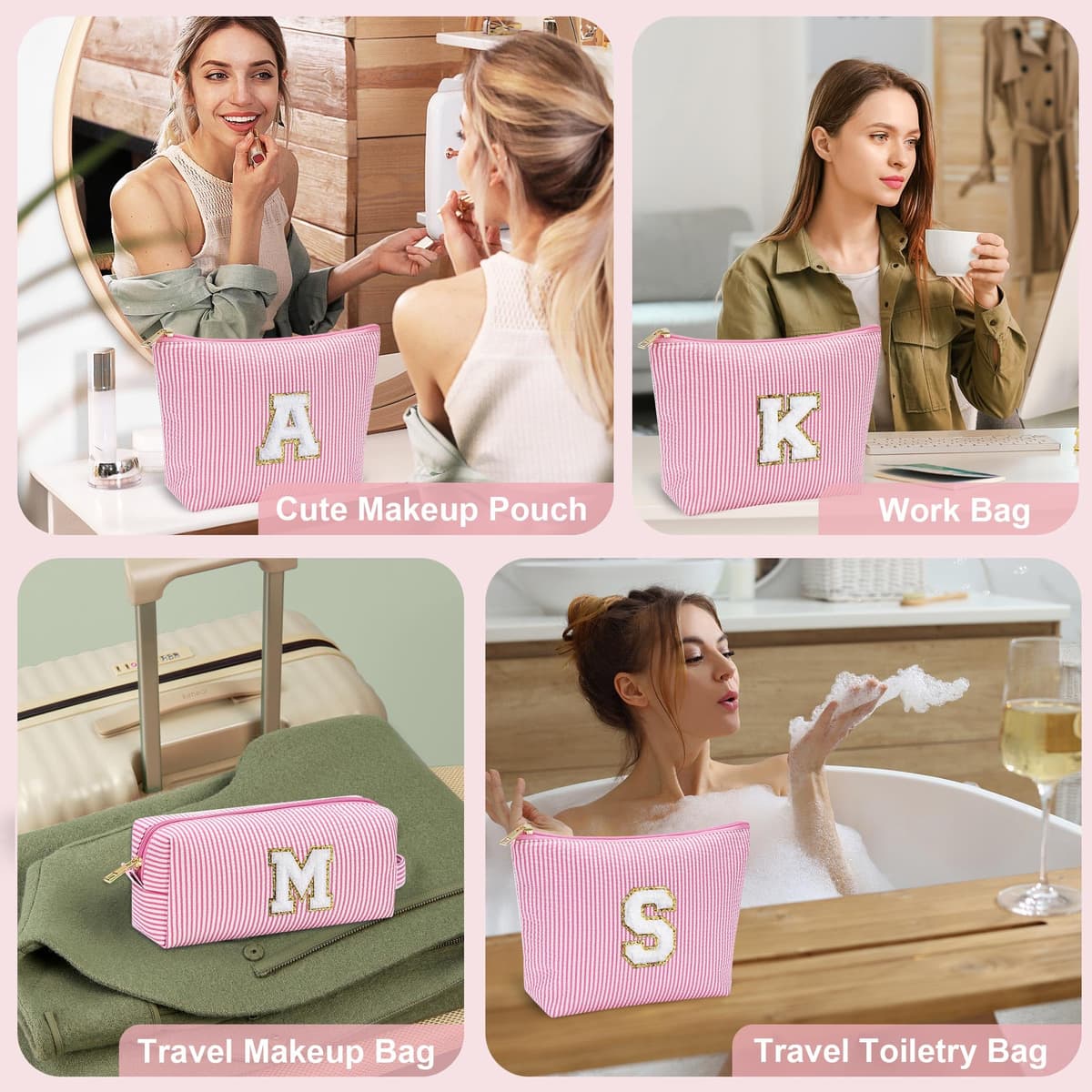 Parima Personalized Makeup Bag for Women - Cosmetic Bag Travel Toiletry Bags Brush Holder Birthday Gifts for Women Her Wedding Bridesmaid Friend Sister Teacher Wife Pink Initial A Personalised Gifts — view 5
