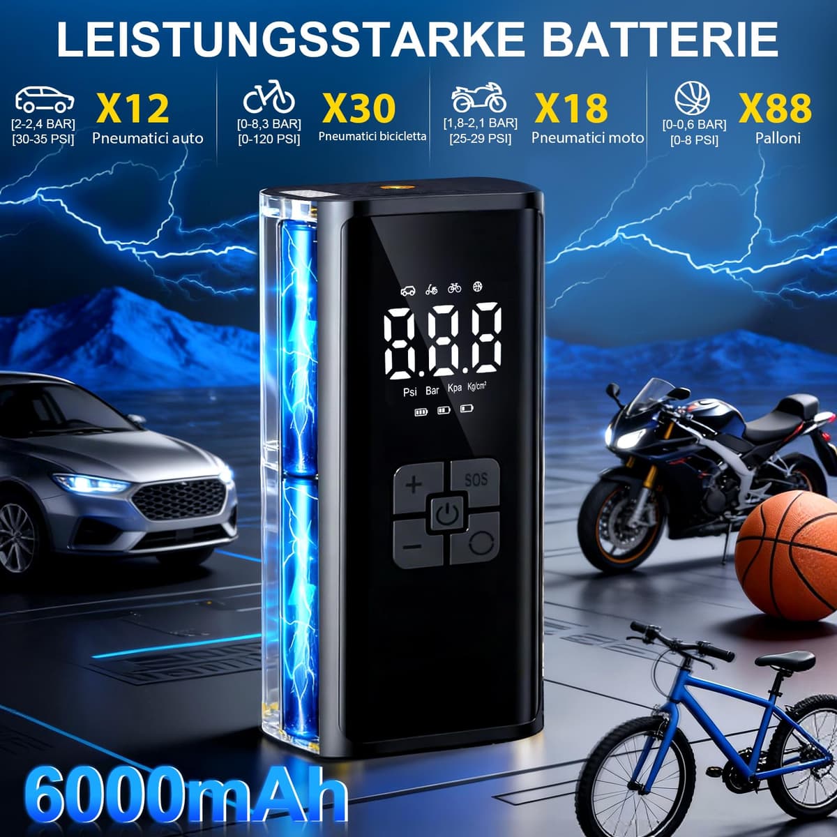 Compresor Aire Portátil, Inflador Ruedas Coche, 150PSI 12V 6000mAh Mini Compresor de Aire con Luz LED, Hinchador Ruedas Coche para Bicicleta, Coche, Moto, Vcooter, Balones — view 3