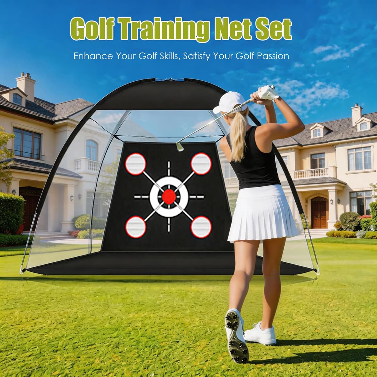 Red de prácticas de Golf con Alfombrilla, Kit de Entrenamiento portátil de 300x200cm con 3 Alfombrillas de golpeo, 10 Pelotas de Golf, Tees y Bolsa de Transporte para Uso en Interiores y Exteriores — view 4