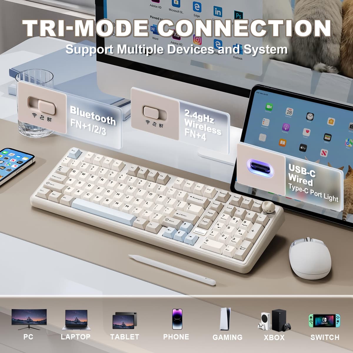 YUNZII B98 PRO QMK/VIA Wireless Mechanical Gaming Keyboard, 96% Layout with Numpad and Cute Cat Knob, BT/2.4G/USB-C, Pre-Lubed Switch Hot Swap Gasket, RGB for Win/Mac (Beige, Milk V2 Linear Switch) — view 3