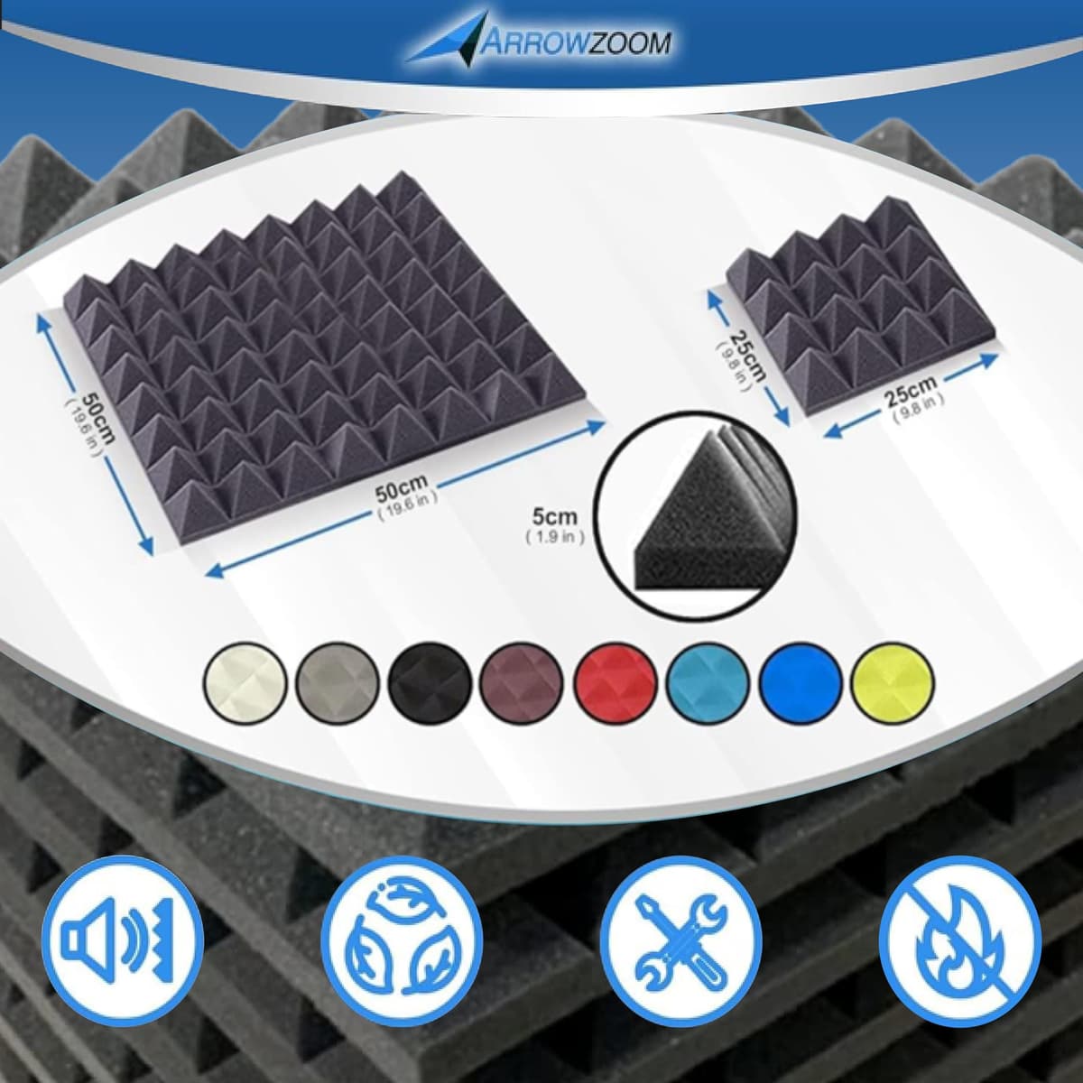 Acoustic Foam Panels 24 Pack Pyramid Sound Absorbing Foam Tiles 25x25x5cm, High Density Studio Acoustic Panels for Echo Reduction, Recording, Gaming, Home Office Wall Treatment , 1034 Black — view 3