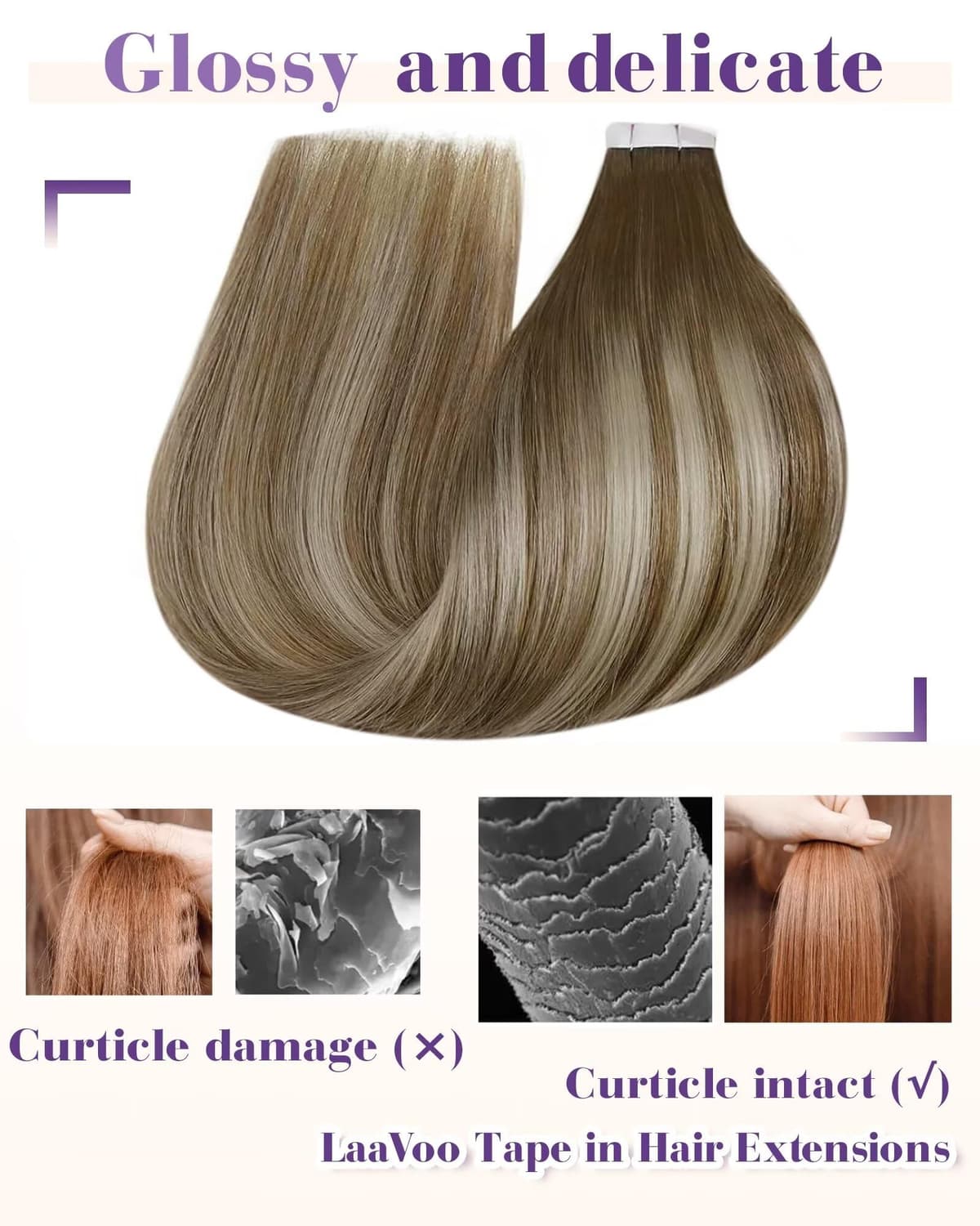 LaaVoo Tape in Hair Extensions Human Hair Blonde Tape Hair Extensions Real Human Hair Invisible Tapes Remy Straight Balayage Brown to Blonde Hair Double Sided Tabs 20pcs 50g 16 Inch #8/18/60 — view 28