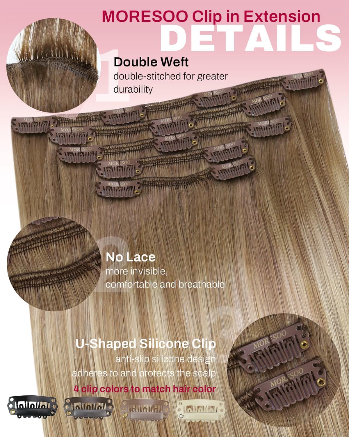 Moresoo Clip in Hair Extensions Real Human Hair Ombre Light Brown and Medium Blonde Double Weft Clip in Hair Extensions Real Hair Shoulder-Length Short Hair Add Volume 12 Inch 5pcs/80g #8/22/8 — view 4