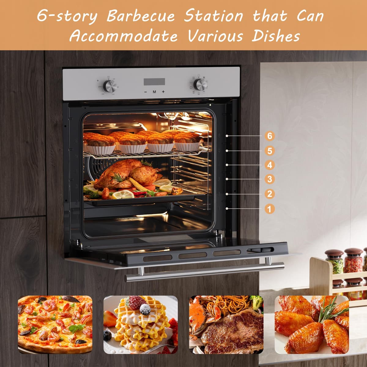 Electric Single Oven Built-in Integrated White, Installed Size 60 cm, 60L 2.2kW with Plug, Timer, 9 Functions, with Grill & Enameled Baking Tray,3D Hot Air Baking, Heat Protection Glazing — view 2