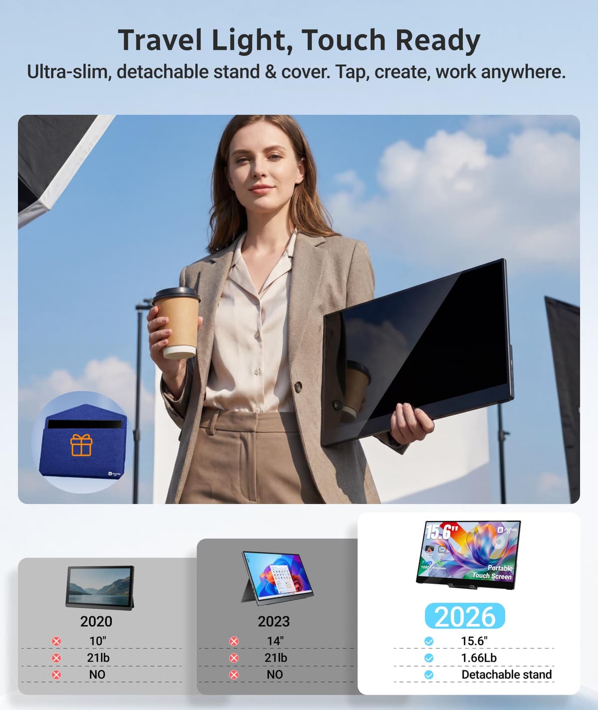 Ingnok Portable Monitor Touchscreen 15.6" FHD 10-Point Touch Screen Monitor W/Vesa & 360° Kickstand, 1200:1 USB-C Mini HDMI Ultra-Thin Travel Monitors for Laptop/PC/Macbook/Phone — view 3
