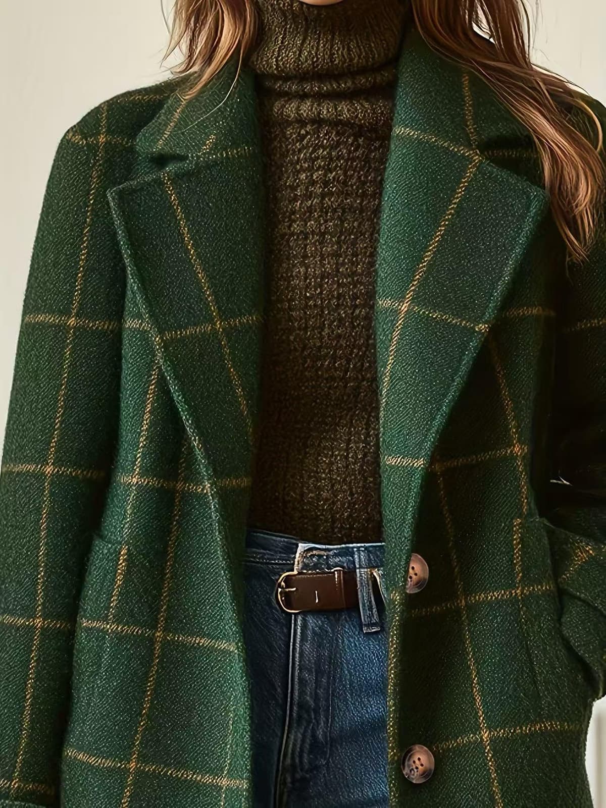 Women's Retro Plaid Lapel Coat, Mid-Length Casual Elegant Outerwear for Autumn Winter — view 4