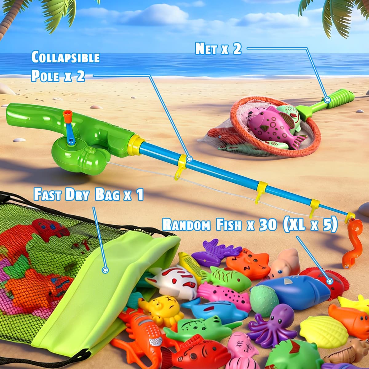 CozyBomB Magnetic Fishing Toys Game Set for Kids for Bath Time Pool Party with Pole Rod Net, Plastic Floating Fish - Toddler Education Teaching Christmas Birthday Gifts — view 2