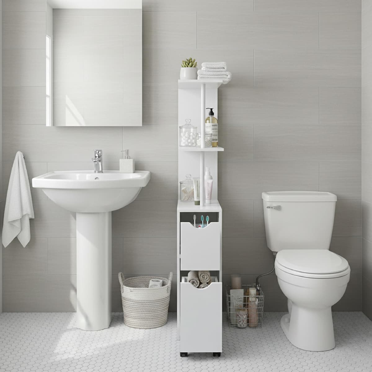 Baroni Home Columna de baño que ahorra espacio, mueble alto con estantes abiertos y cajones, multiusos, columna moderna para baño, cocina y dormitorio, 45 x 15 x 113 cm, 3 estantes y 2 cajones, color — view 2