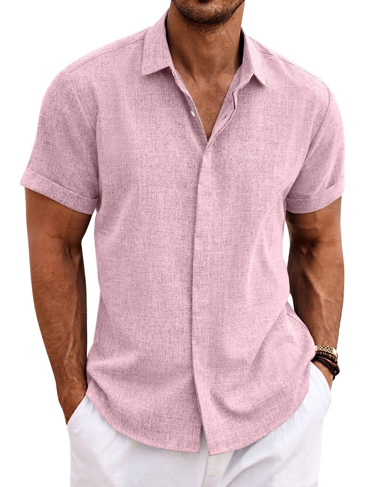 COOFANDY Men's Linen Shirts Short Sleeve Casual Shirts Button Down Shirt for Men Beach Summer Wedding Shirt — view 35