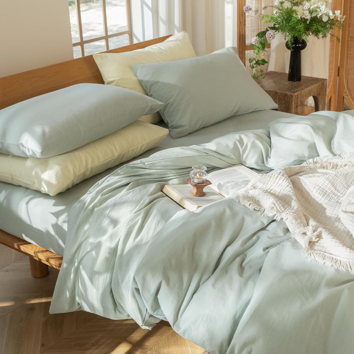 MooMee Bedding Duvet Cover Set 100% Washed Cotton Linen Like Textured Breathable Durable Soft Comfy (Tannish Linen Grey, King) — view 163