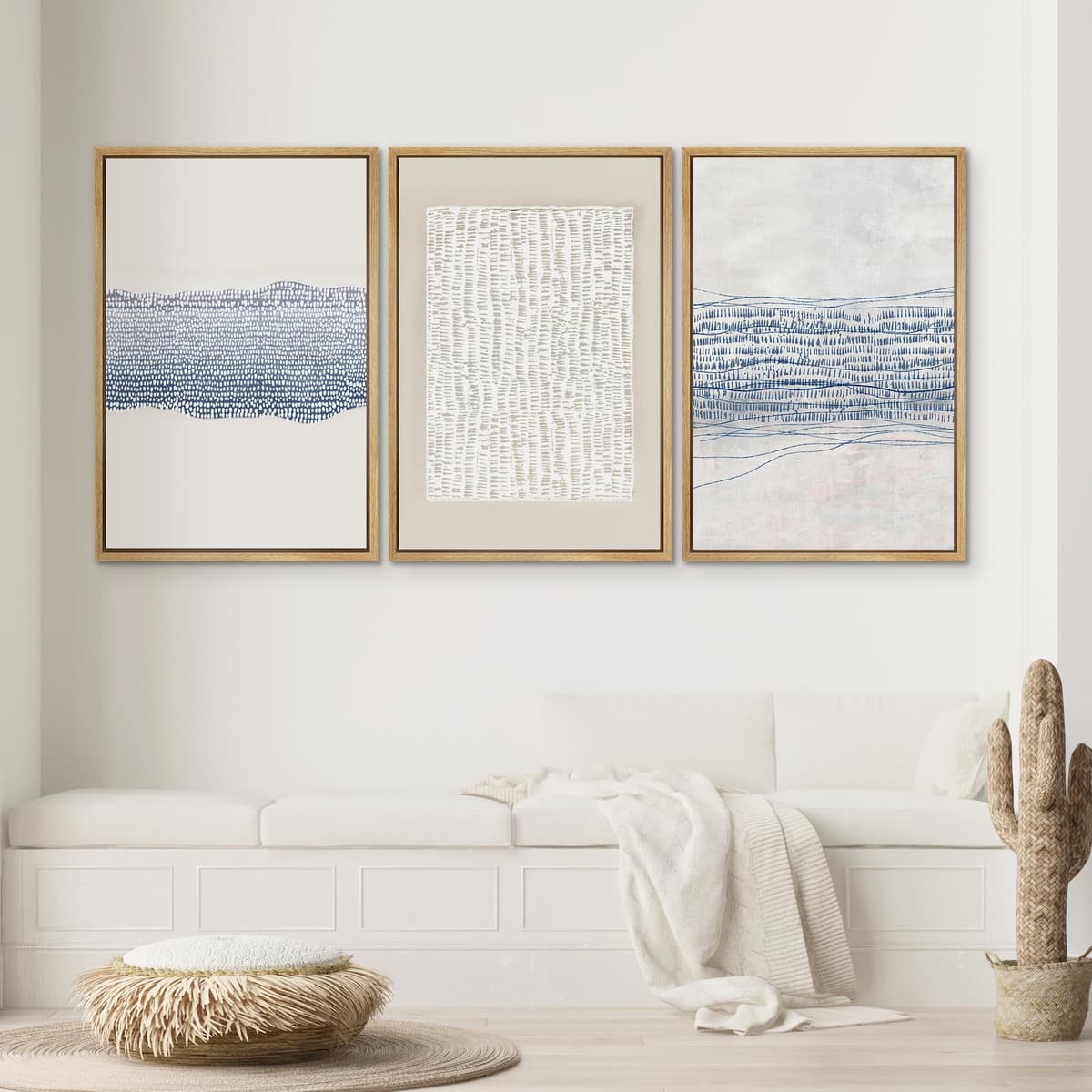 SIGNWIN Framed Canvas Print Wall Art Set Blue White Grunge Geometric Pattern Abstract Shapes Cozy Neutral Decorative Contemporary Minimal for Living Room, Bedroom, Office - 24"x36"x3 Natural — view 2