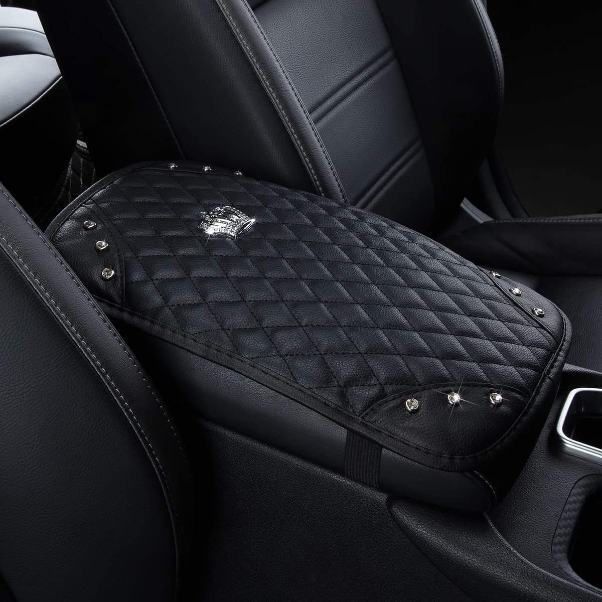 eing 2PCS PU Leather Car Seat Belt Cover Shoulder Seatbelt Pad with Bling Rhinestones Crown for Adults Youth,Black — view 6