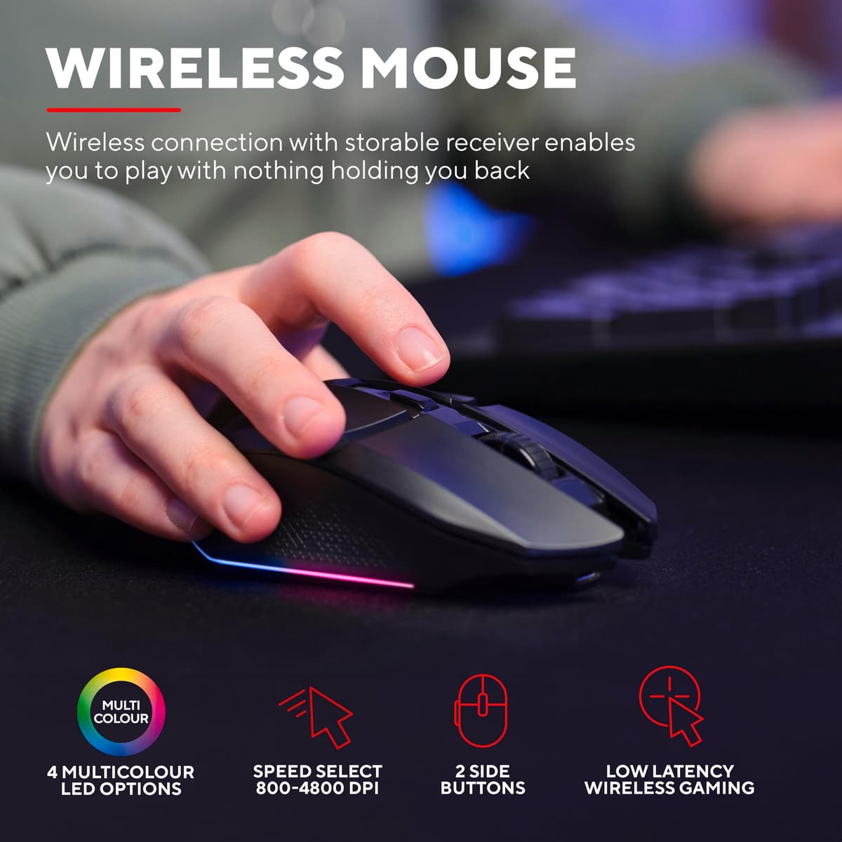 GXTrust 1794 Pack Teclado Gaming QWERTY Español con Ratón y Alfombrilla, Combo LED 3 en 1, Ratón Inalámbrico Recargable para Gamer 80h de Autonomía, Teclado TKL USB para PC, Negro — view 3