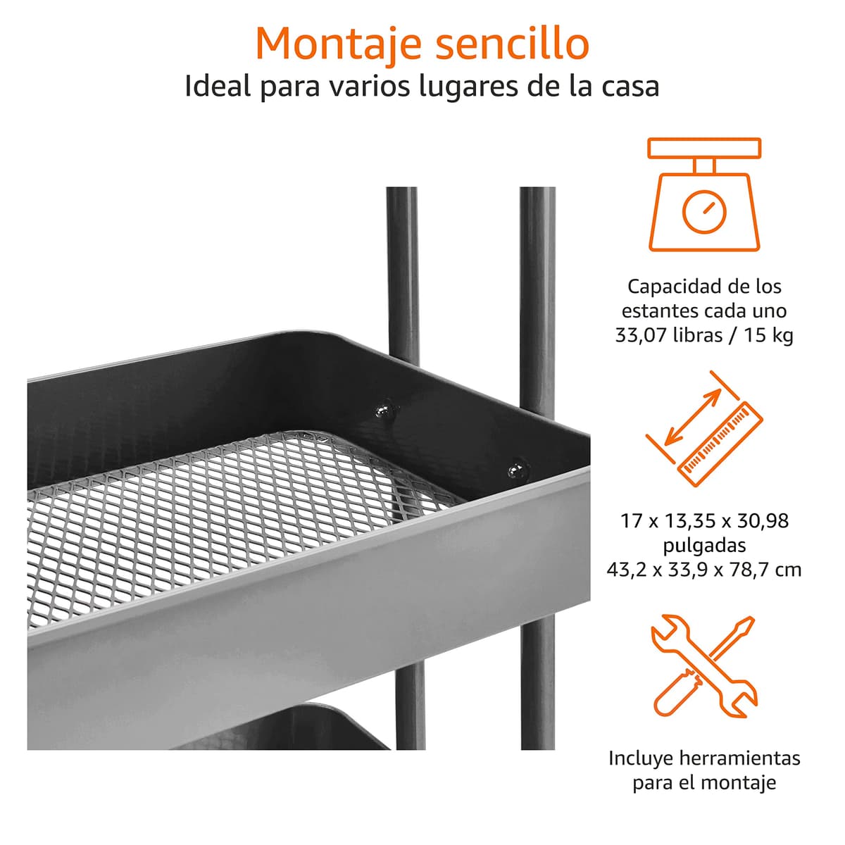 Amazon Basics Carrito de cocina o multiuso de 3 estantes con ruedas, Gris Oscuro — view 2