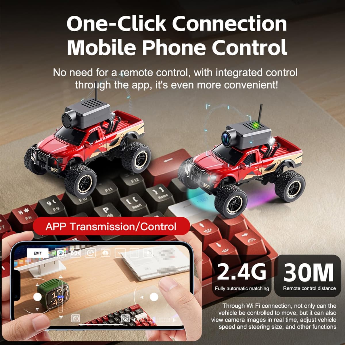 Dilwe Coche RC con Cámara 2,4G, Vehículo Todoterreno con Control Remoto con Cámara HD, Luces LED Giroscópicas Controladas por Aplicación para Conducción Inmersiva (Rojo) — view 3