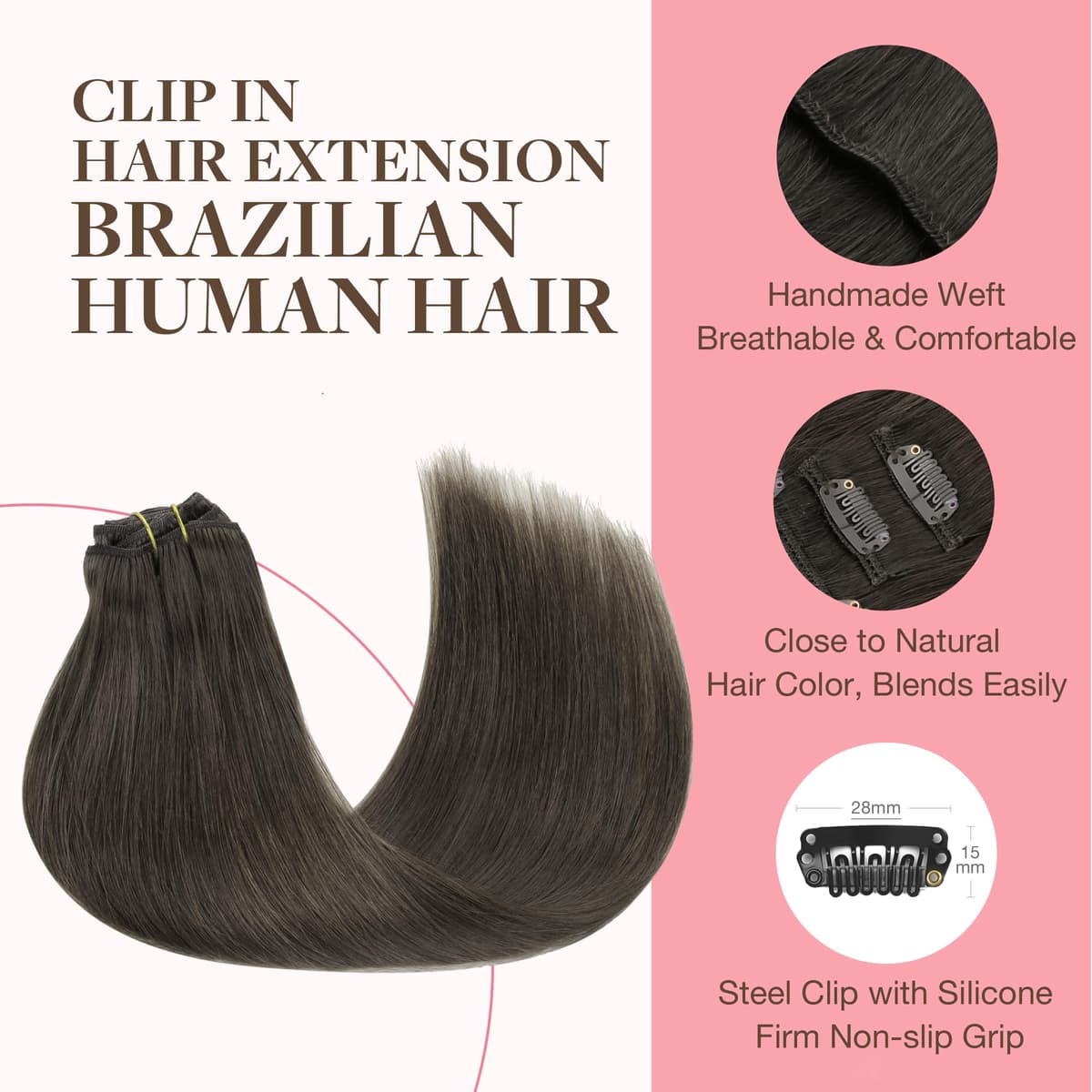 GOO GOO Clip in Hair Extensions Human Hair, 18inch 150g 9Pcs, #2 Dark Brown, Hair extensions for women, Human Hair Extensions Clip in — view 32