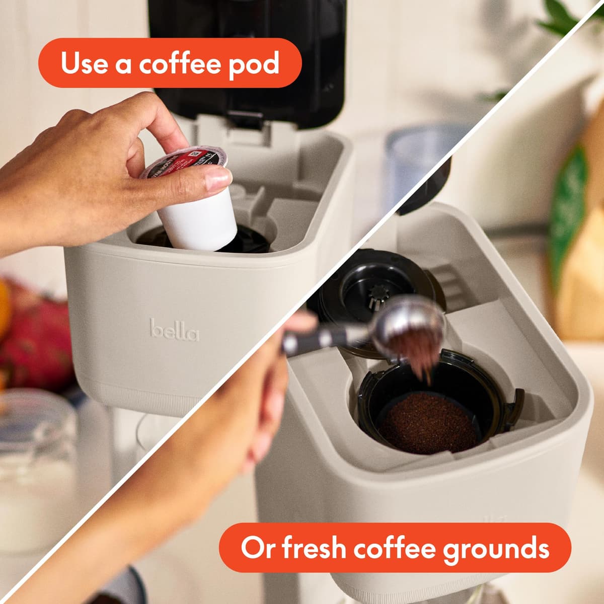 BELLA Single Serve Coffee Maker, K Cup & Coffee Ground Compatible with Removable, Adjustable Drip Tray, Auto Shutoff & Reusable Dishwasher Safe Accessories, Brews 6oz to 14oz, 1000 Watt, Oatmilk — view 3