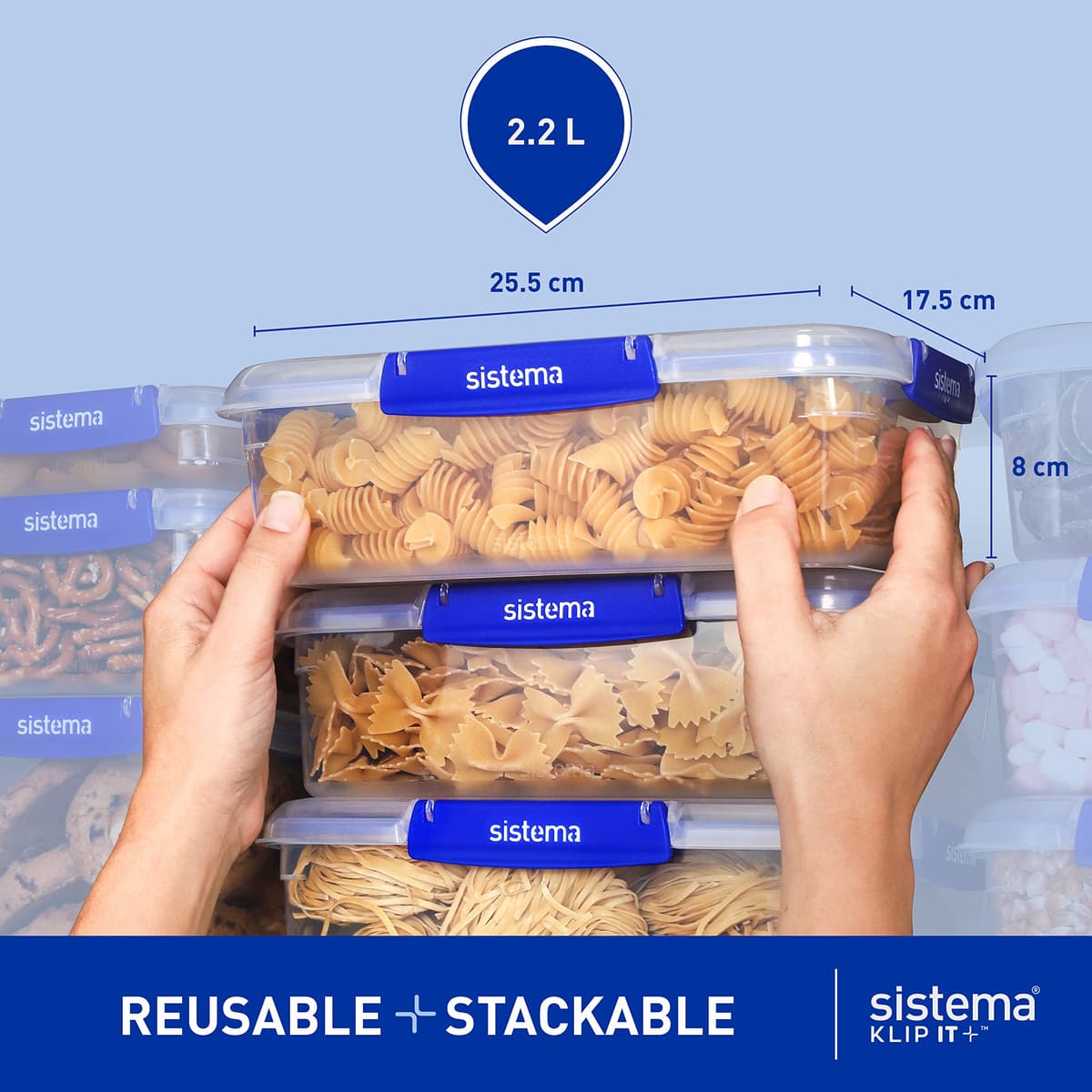 Sistema KLIP IT PLUS Leakproof Food Storage Containers | 2.2 L | AirtightStackable & Nestable Meal Prep Containers with Lids | School Lunch Boxes | 3 Count — view 3
