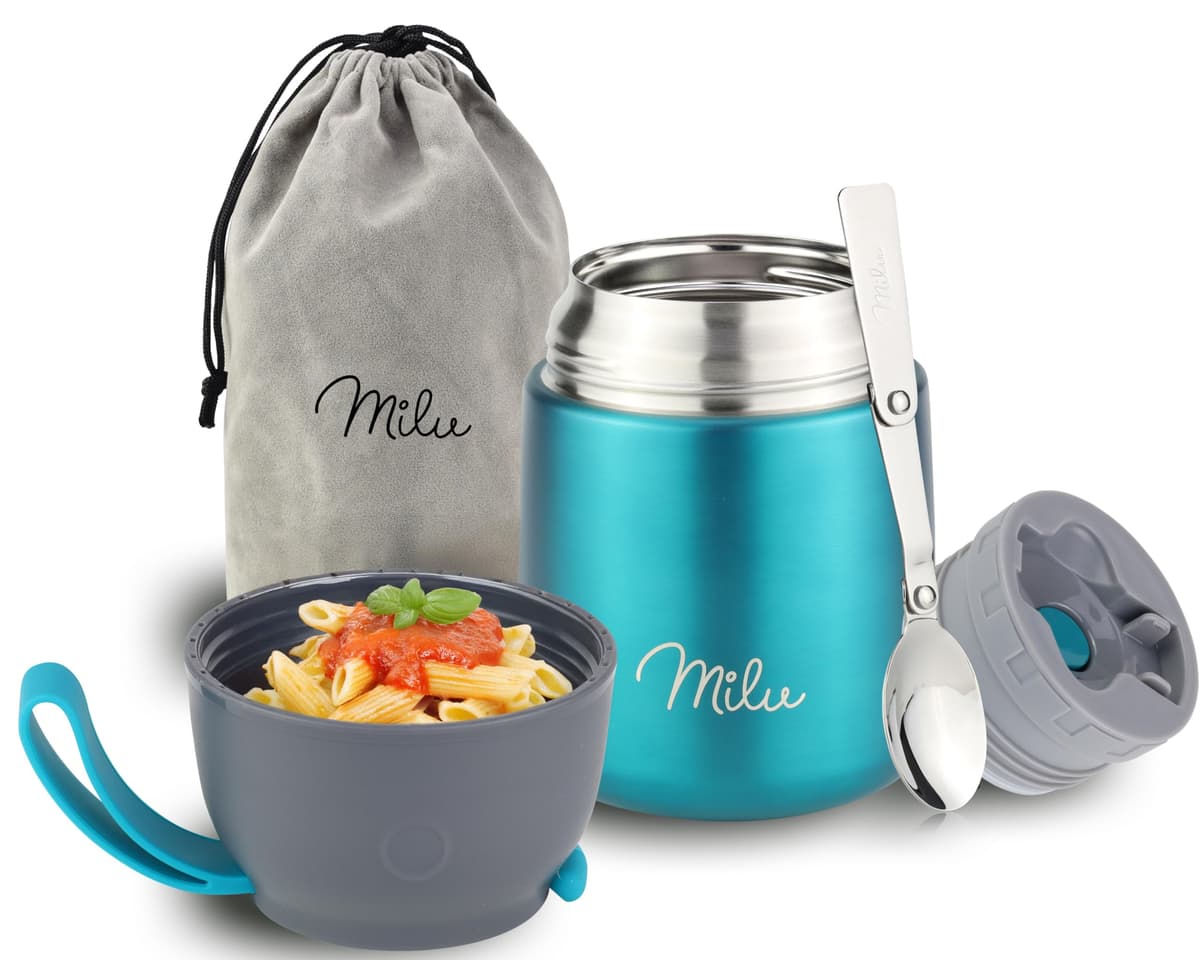 Milu Termo para Comida 450 ml Taza Aislada, Botella de Acero Inoxidable Aislada Alimentos, Beber y sopa de los niños de adultos Térmico (450ml/Verde Azul) — view 48