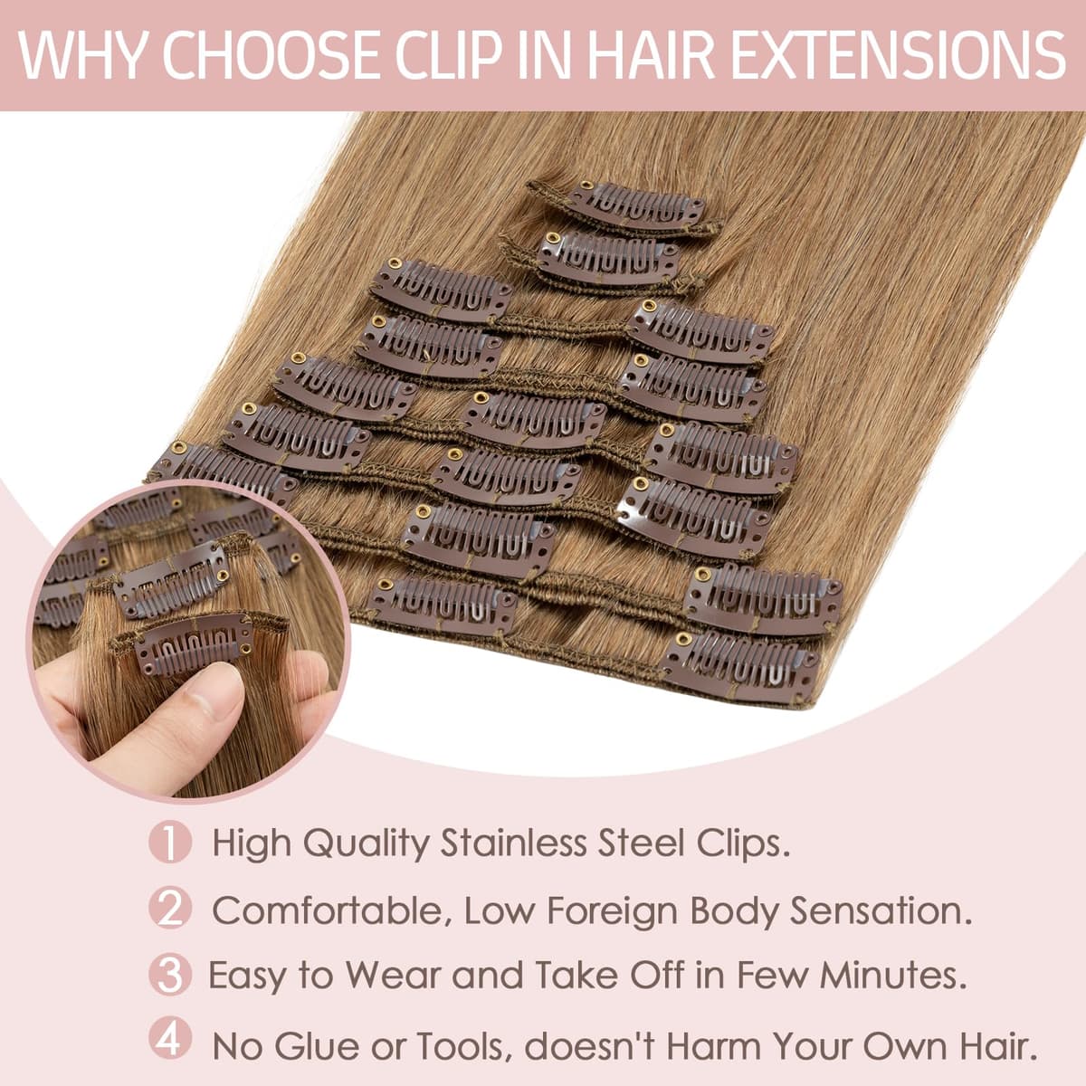 Silk-co 10inch Hair Extensions Clip in Hair Extension Human Hair #04 Medium Brown -Basic Thickness-Thin Weft- 8 Pieces Real Remy Straight Hair Extensions[50g] — view 82