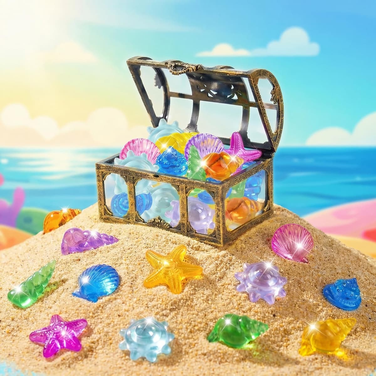 EKKONG Set de Gemas Coloridos, Gemas Piratas de Acrílico, 36 Piedras Preciosas de Buceo con 1 Cofre Pirata, Juguetes de Piscina Diving Gems para Piscinas, Playas y Búsquedas del Tesoro (Bronce) — view 3