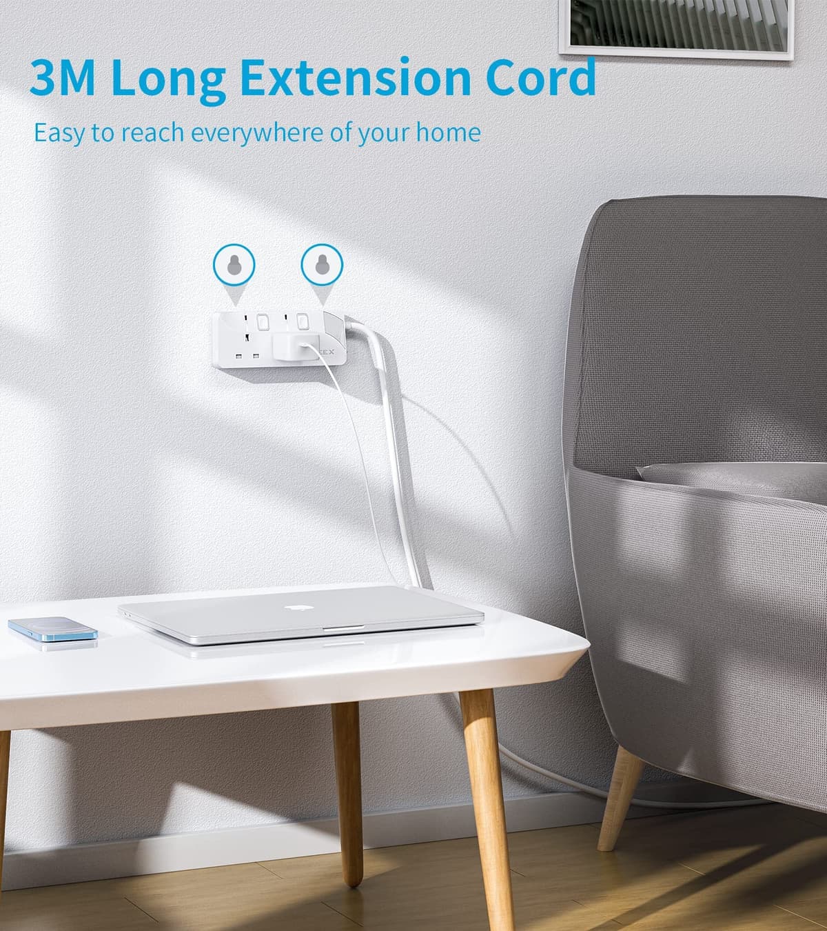 PIBEEX Extension Lead 2 Way Plug Sockets with Individual Switches Wall Mountable Power Strip 3M Extension Cable 13A Fused UK Plug 3250W — view 5