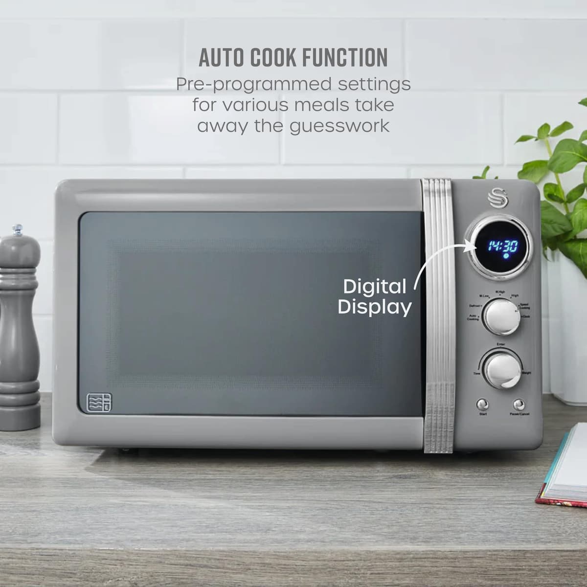Swan Retro LED Digital Microwave Grey, 20L, 800W, 6 Power Levels Including Defrost Setting, SM22030LGRN — view 4