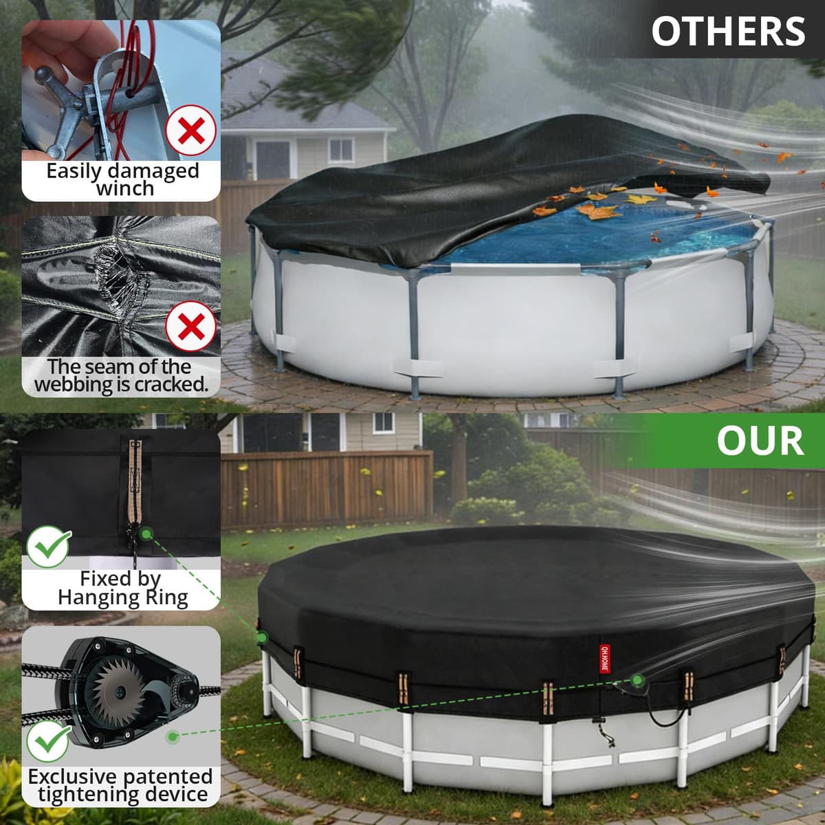 QH.HOME 12ft Round Pool Cover with Patented Quick-Release Ratchet, Solar Cover for Above Ground Pools [Durable, Tear Resistant] with Load Rings — view 3