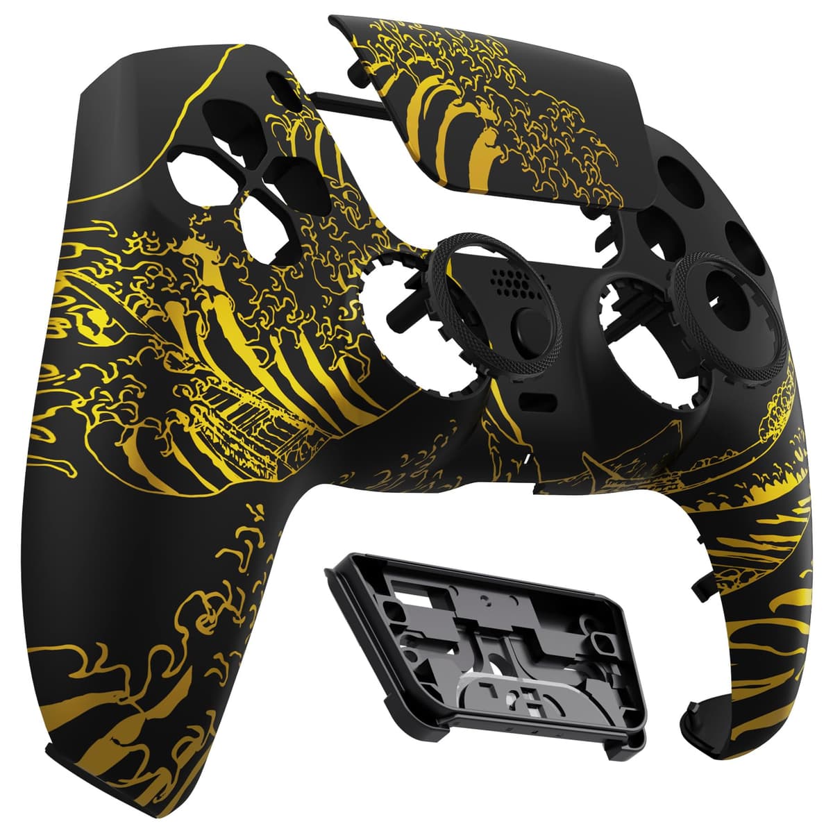 eXtremeRate LUNA Redesigned Front Shell Touchpad Compatible with ps5 Controller BDM-010 020 030 040 050, The Great GOLDEN Wave Off Kanagawa - Black Replacement Cover Compatible with ps5 Controller — view 4