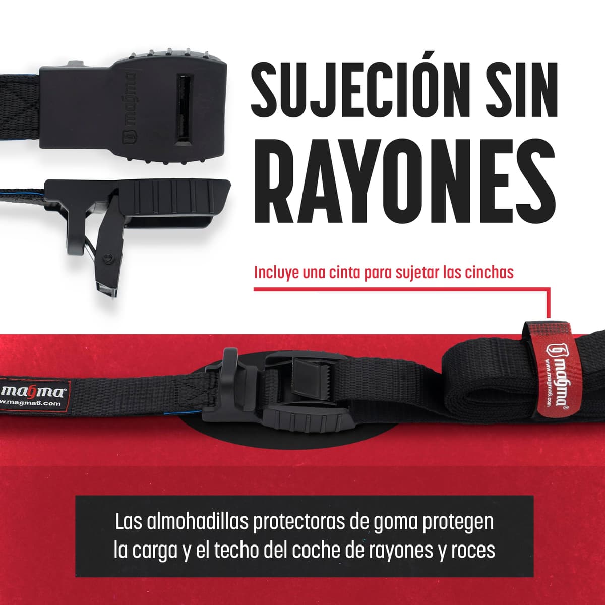 MAGMA Pack 2 Cinchas de Amarre de 3m | Correas para Baca Coche y Portabicicletas. Surf, Bici, Kayak, Moto | Hebilla -Trinquete con Protección de Goma para no rayar | Carga Segura - SWL: 250kgf Negro — view 2