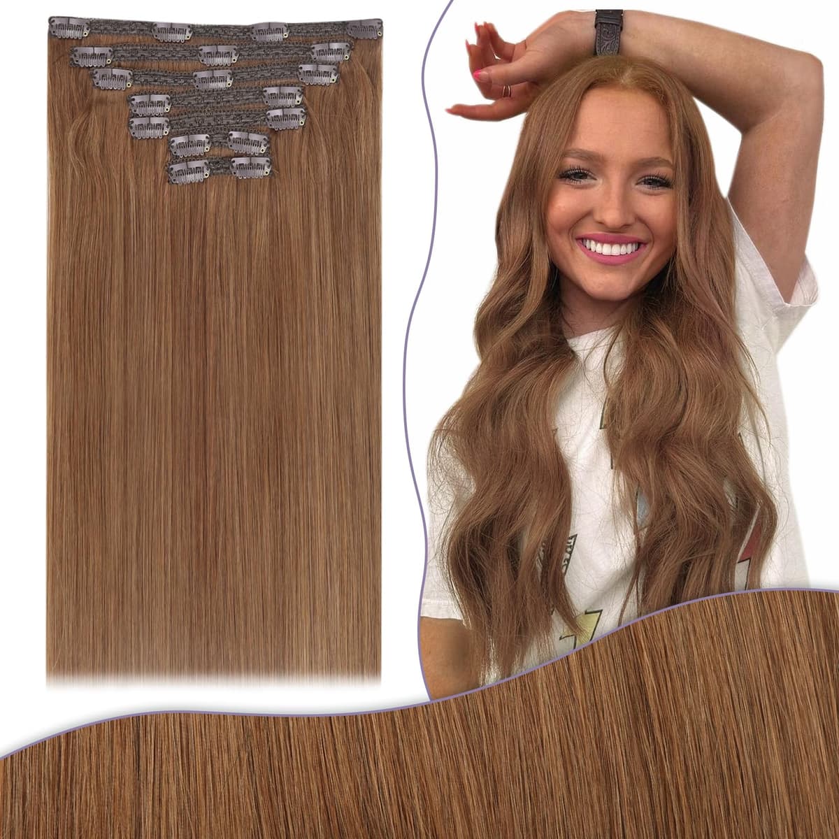 Fshine Clip in Hair Extensions Human Hair Copper Hair Extensions 18 Inch 120 g 7 pcs Color 330 Natural Straight Hair Extensions for Women Real Human Hair — view 34