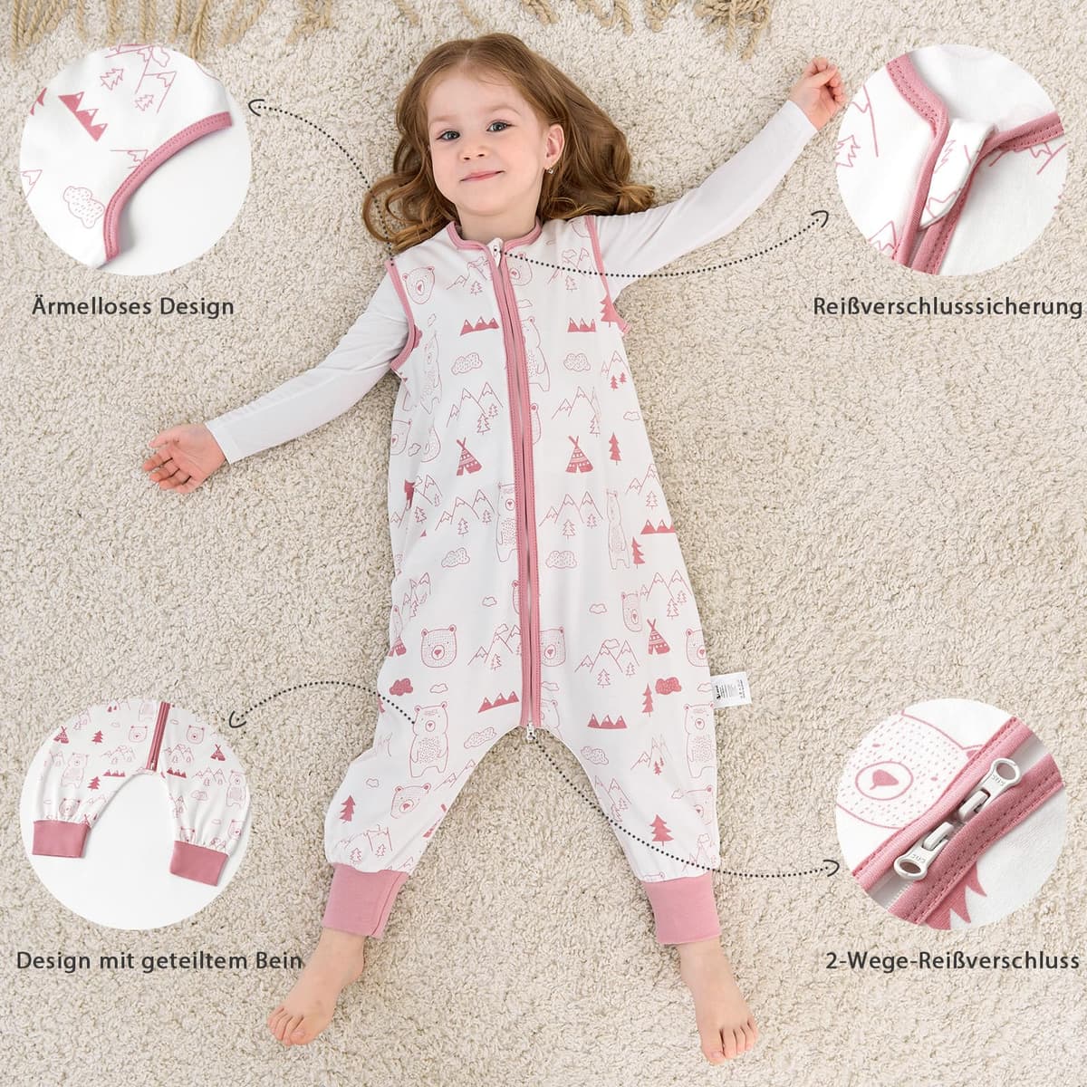 Looxii Pack de 2 Saco de Dormir bebé con Pies 0.5 TOG Algodón sacos de dormir de verano para 3-4 año Niños Niñas 90 cm Oso Rosa — view 3