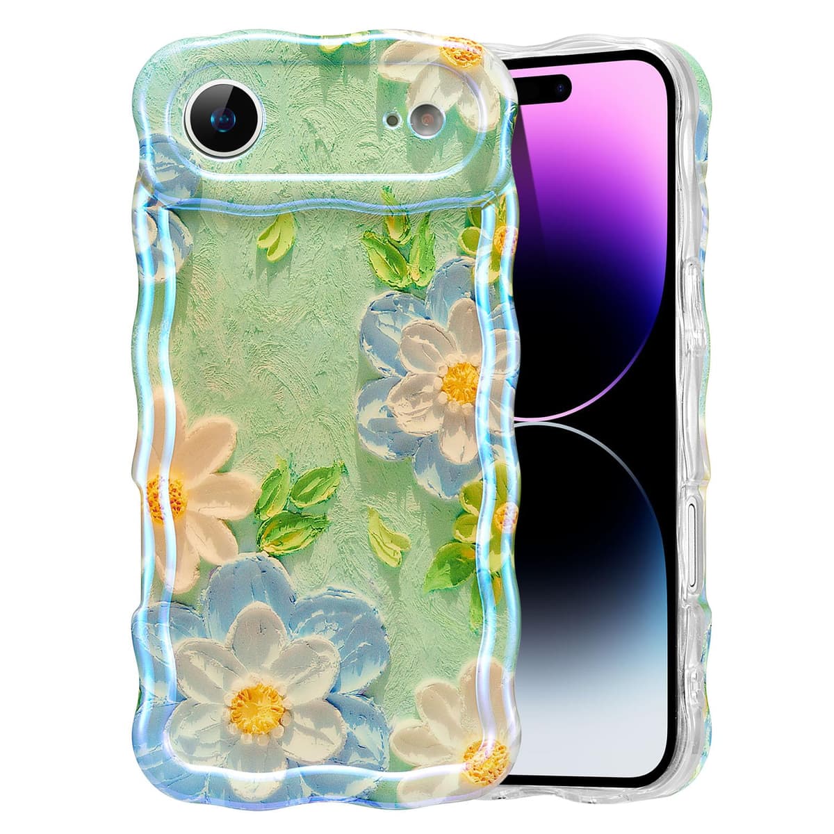 EYZUTAK Case for iPhone 16, Colorful Retro Oil Painting Printed Flower Laser Glossy Pattern Cute Curly Wave Edge Exquisite Phone Cover Stylish Durable TPU Protective Case for Girl Women-Green — view 95