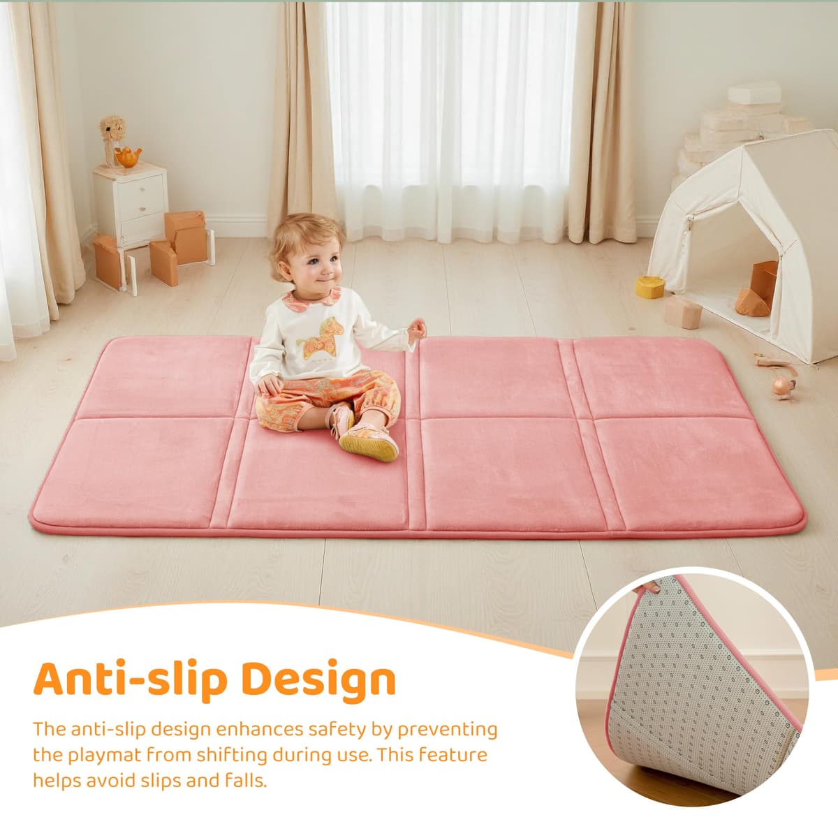 BYBYME 3cm Thick Baby Play Mat for Floor, 80 * 150cm Foldable Playpen Mat with Non-Slip Backing for Infant, Kids and Toddler Crawling, and Perfect Carpets for Yoga, Exercise, Pink — view 3
